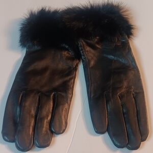 WOMEN'S FUR CUFF LEATHER,  GLOVES , BLACK,SIZE XLARGE.